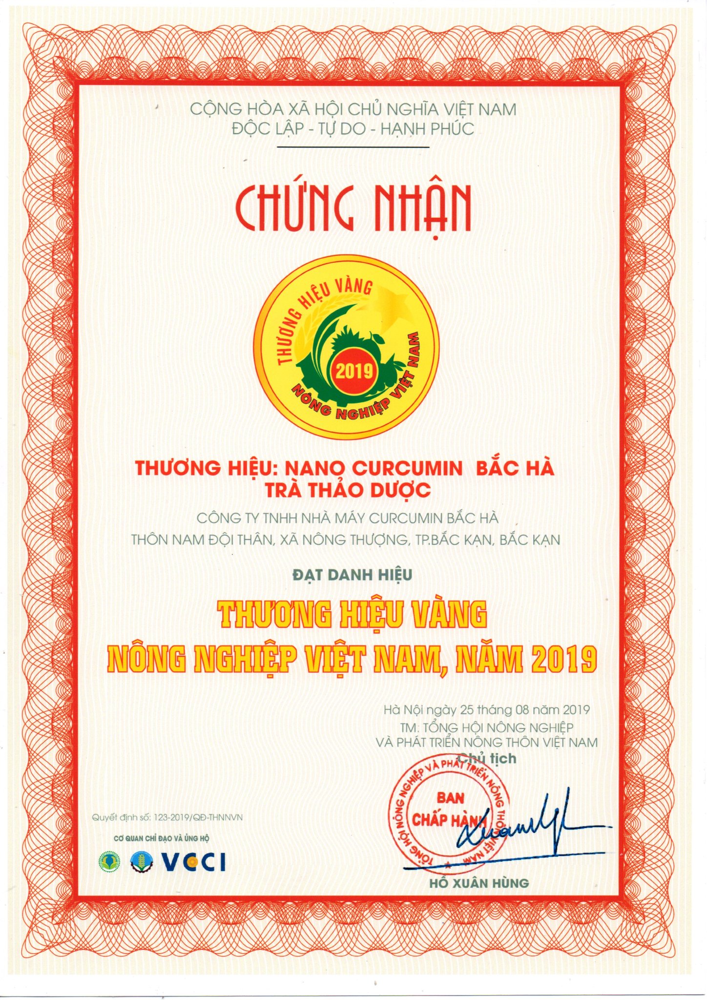 Chứng nhận Thương hiệu vàng nông nghiệp Việt Nam
